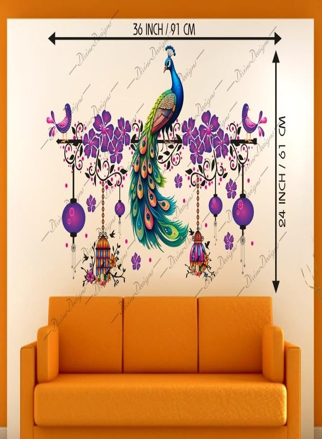 DivineDesigns ملصق حائط ذاتي اللصق من الفينيل PVC بتصميم أقفاص زهور بنفسجية على شكل طاووس من DivineDesigns لتزيين المنزل/غرفة المعيشة (متعدد الألوان) - Image 3